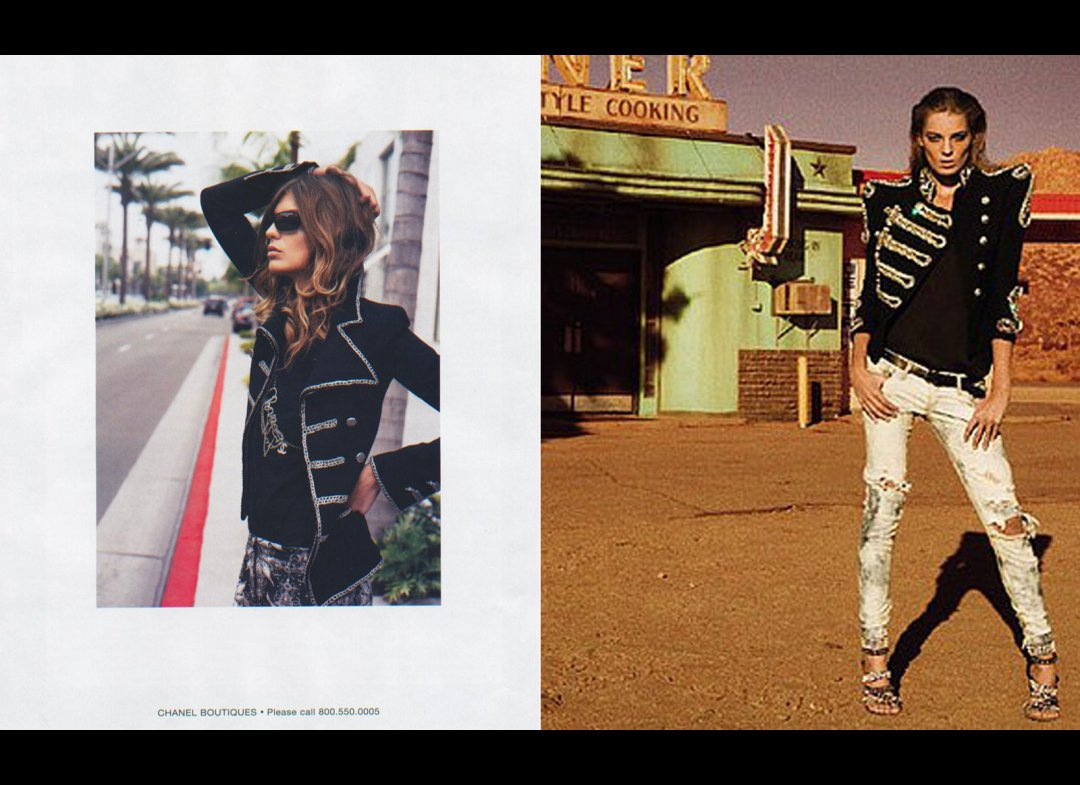 Hasonló modell, hasonló kabátban, Chanel S/S 2006 és Balmain 2009