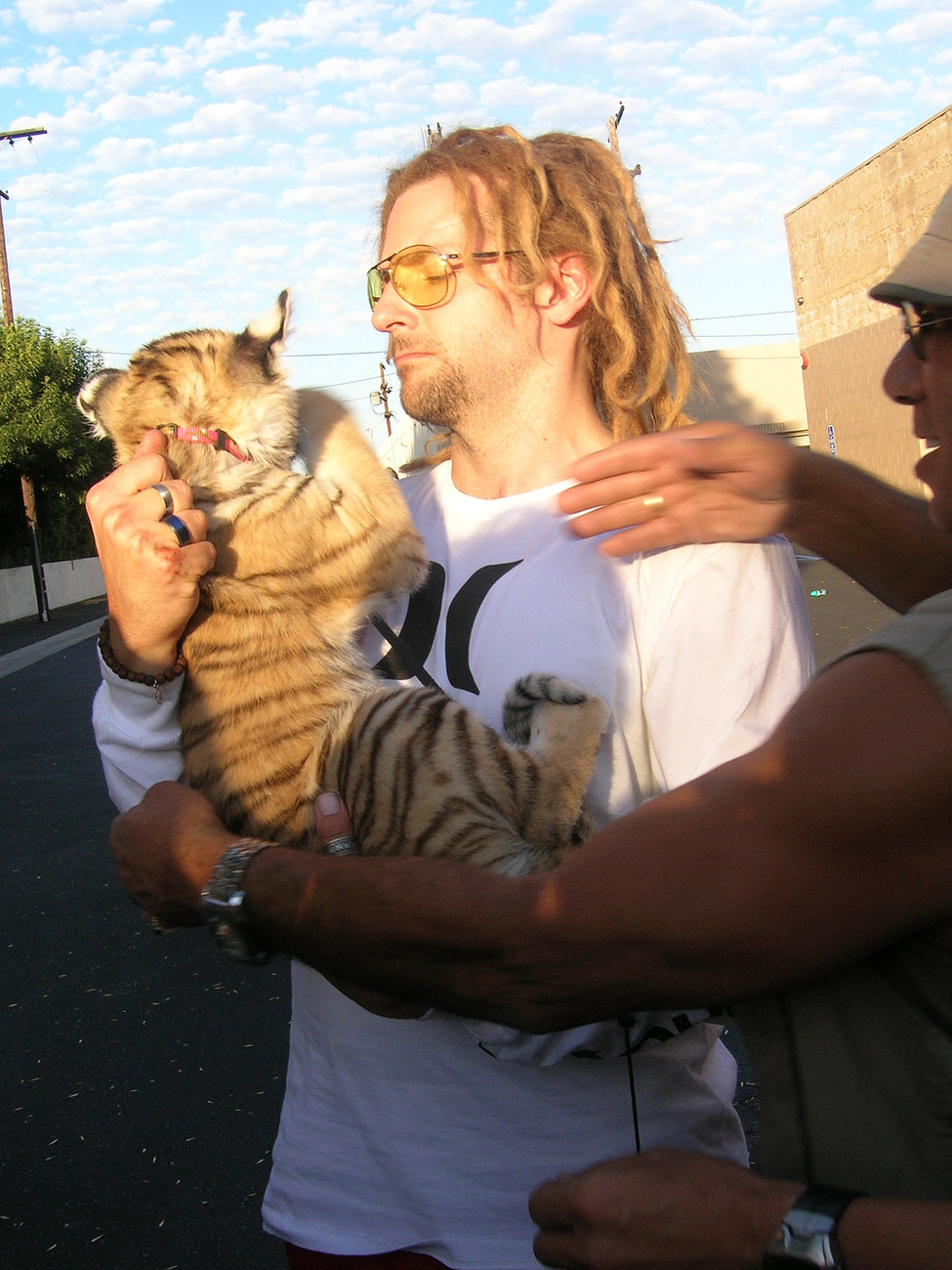 Bradley Cooper 2011 júniusában rasztaparókában - a tigriskölyök itt Dax Shepard kezében van