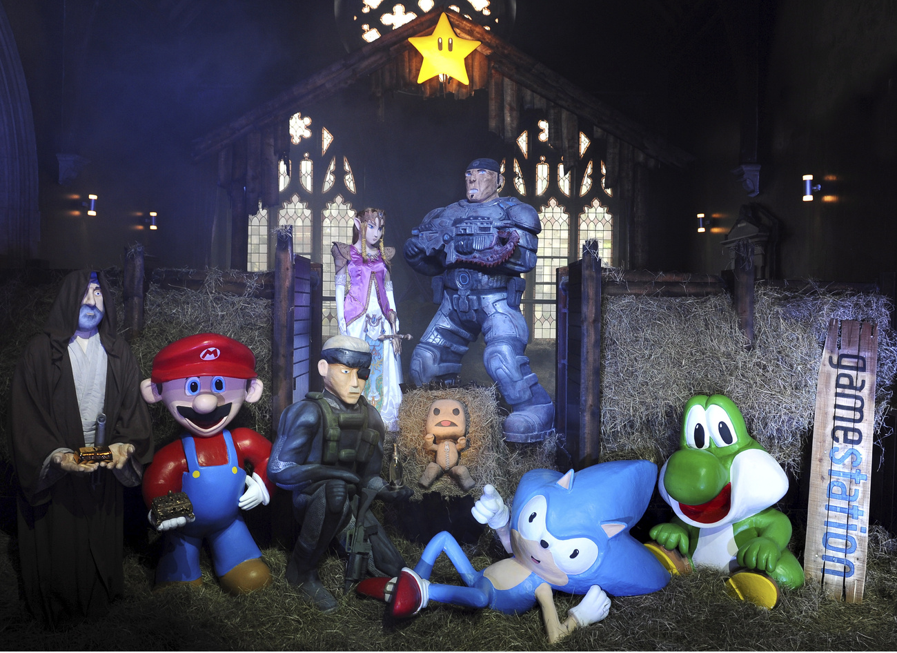 Ebben a betlehemes jelenetben az istálló állatai Sonic, a kék sündisznó és a dinoszauruszra emlékeztető, zöld Yoshi, aki barát, méghozzá Super Mario barátja 