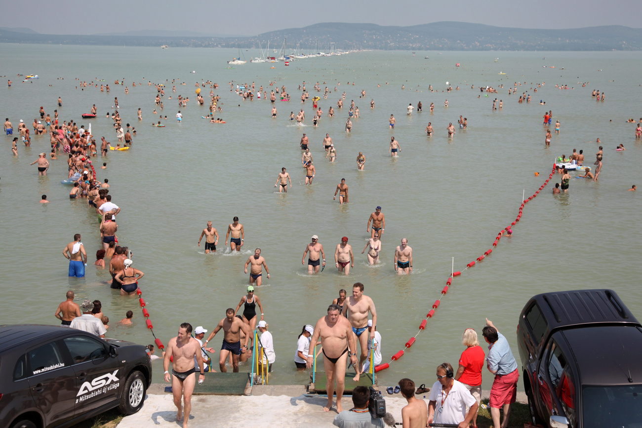 Résztvevők jönnek ki a vízből a balatonboglári Platán strandon a 30. Balaton-átúszáson, miután teljesítették az 5,2 kilométeres távot.