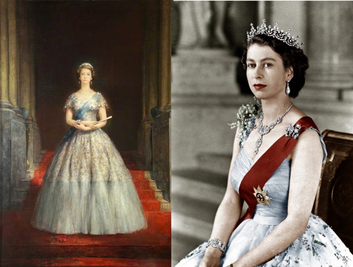 II. Erzsébet portréja 1952-ből és egy kép ugyanabból az évből a királynőről 