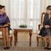 Alijeva Sandra Roelofsszal, a grúz elnök, Mikheil Saakashvili feleségével beszélget egy 2008-as bakui találkozón. Az azeri First Lady Európából öltözködik.