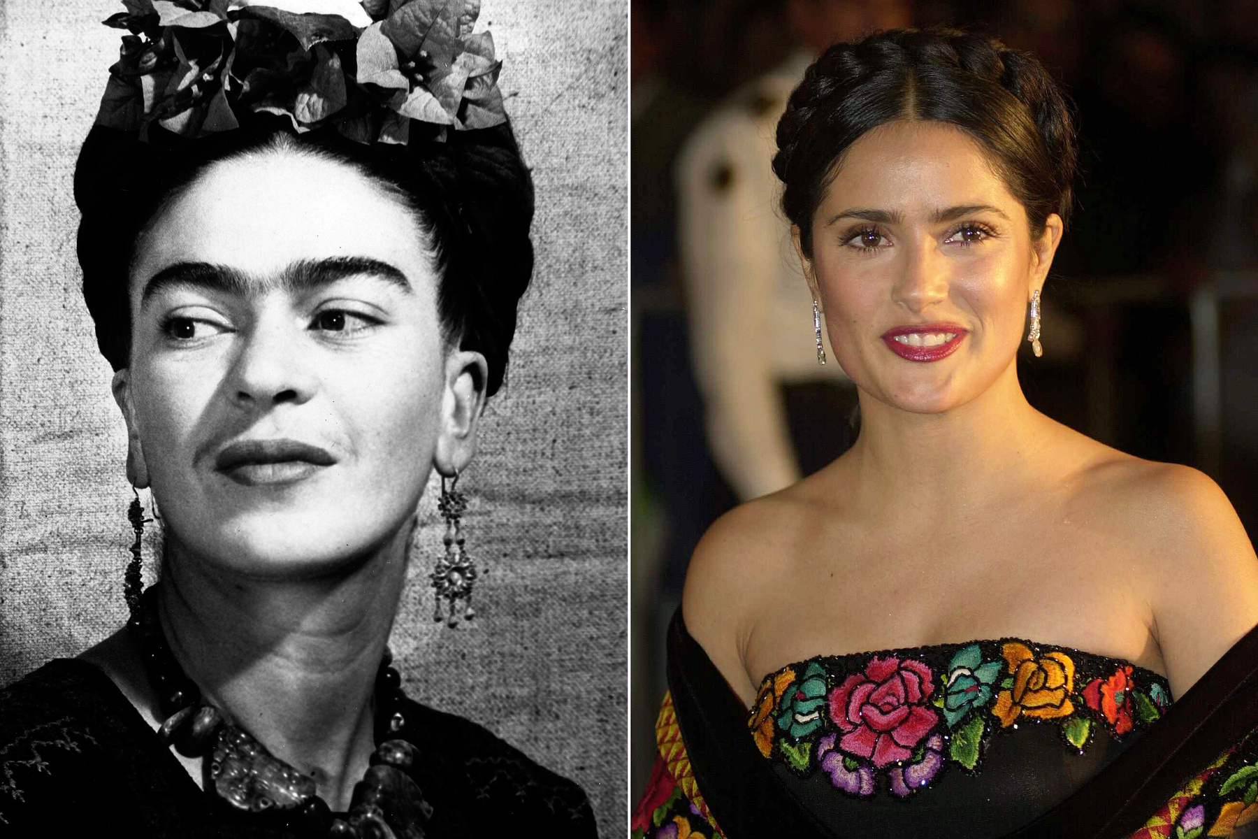 Frida Kahlo – Salma Hayek. A legendás mexikói festőnő életéről 2002-ben készült film, amelynek bemutatóján Salma Hayek kicsit Kahlo stílusában öltözött fel. Szinte ugyanolyan, csak jóval szebb